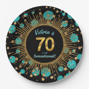 Frau Teal Blau Gold 70. Geburtstagsfeier Pappteller