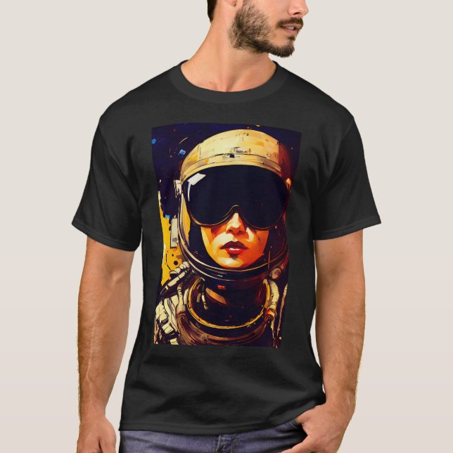 Frau trägt Astronautenhelm T-Shirt (Vorderseite)