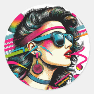 Frau trägt Sonnenbrille bunte Pop-Art Runder Aufkleber