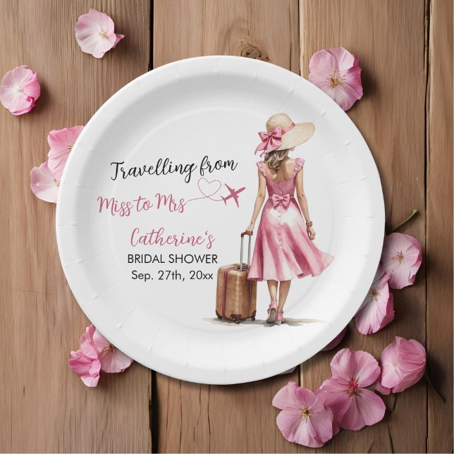 Frau Travel Pink Bow Dress Brautparty Pappteller (Von Creator hochgeladen)