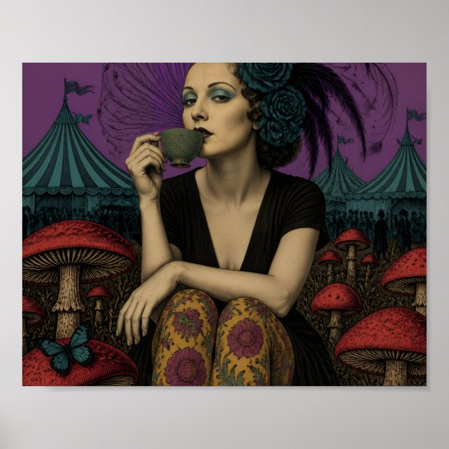 Frau trinkt Tee im Zirkus Poster (Vorne)