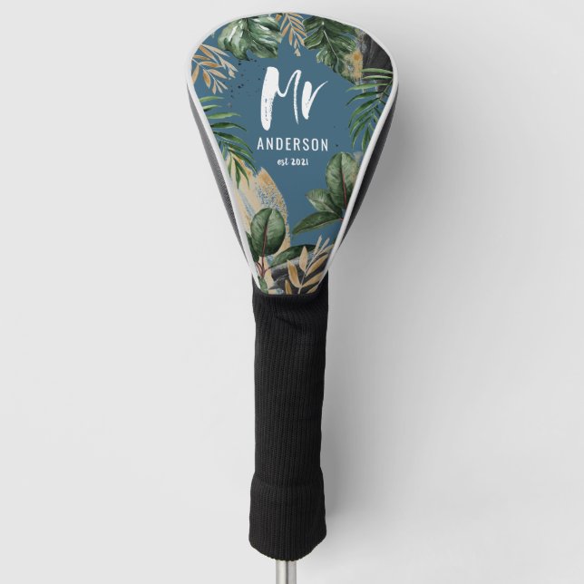 Frau Tropical botanical Petrol Blue Typografie Golf Headcover (Vorderseite)