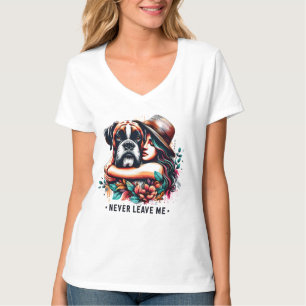 Frau umarmt Bulldog in Hut T-Shirt