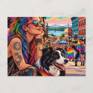 Frau und Border Collie bei einer Pride-Parade Postkarte