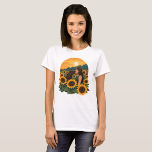 Frau und Chocolate Labrador in einem goldenen Sonn T-Shirt