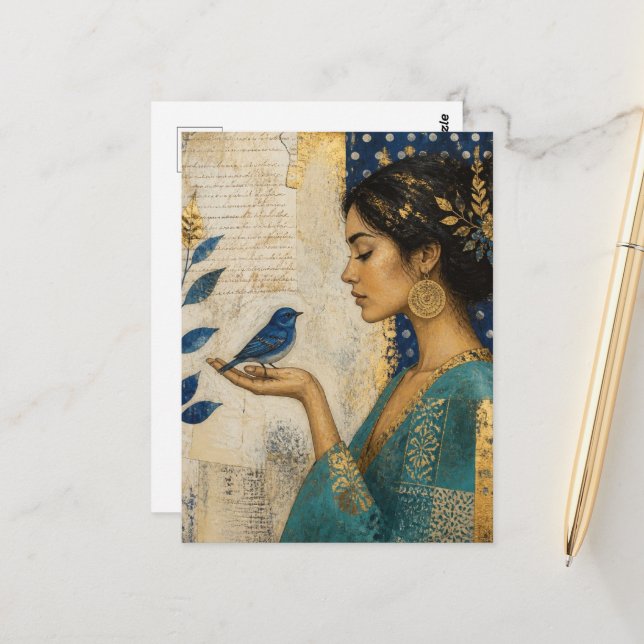 Frau und ein blauer Vogel Postkarte (Vorderseite/Rückseite Beispiel)