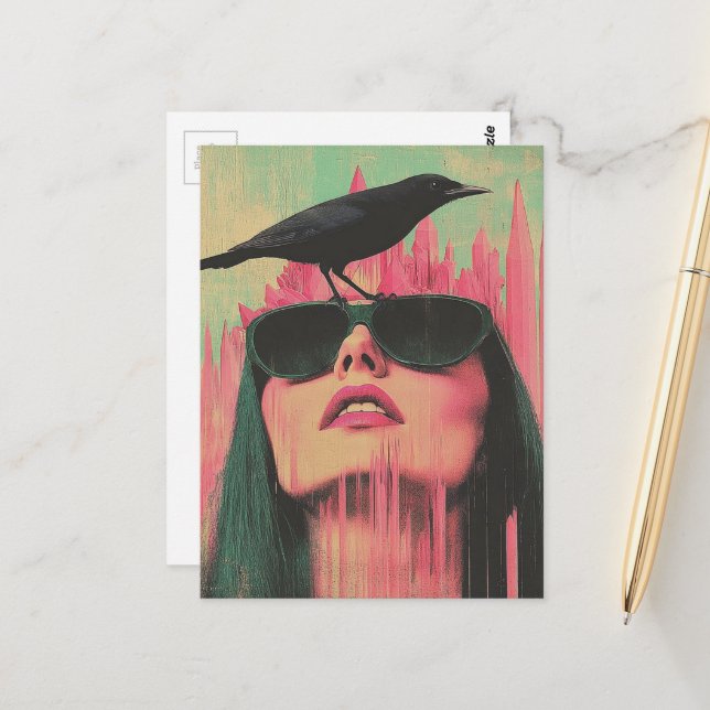 Frau und ein schwarzer Vogel Postkarte (Vorderseite/Rückseite Beispiel)