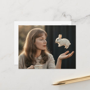 Frau und ein winziges magisches Kaninchen beim Tee Postkarte