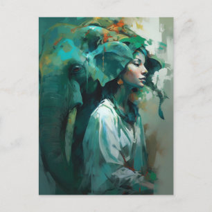 Frau und Elefantin Postkarte