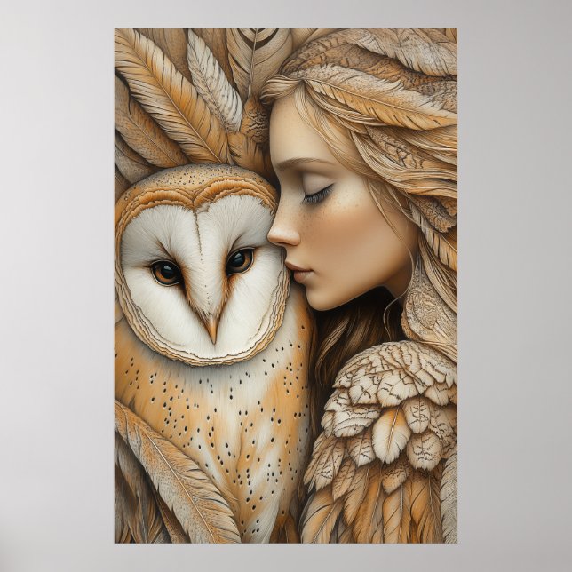 Frau und Eule in Feathers Poster (Vorne)
