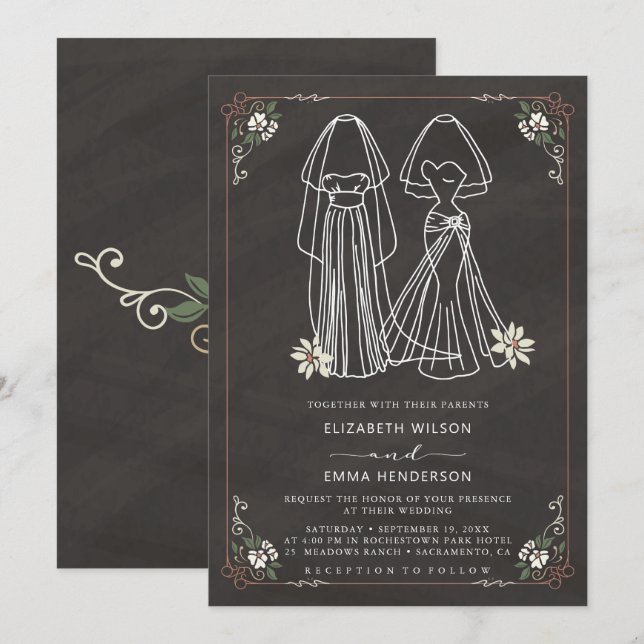 Frau und Frau Chalkboard Hochzeit Einladung (Vorne/Hinten)