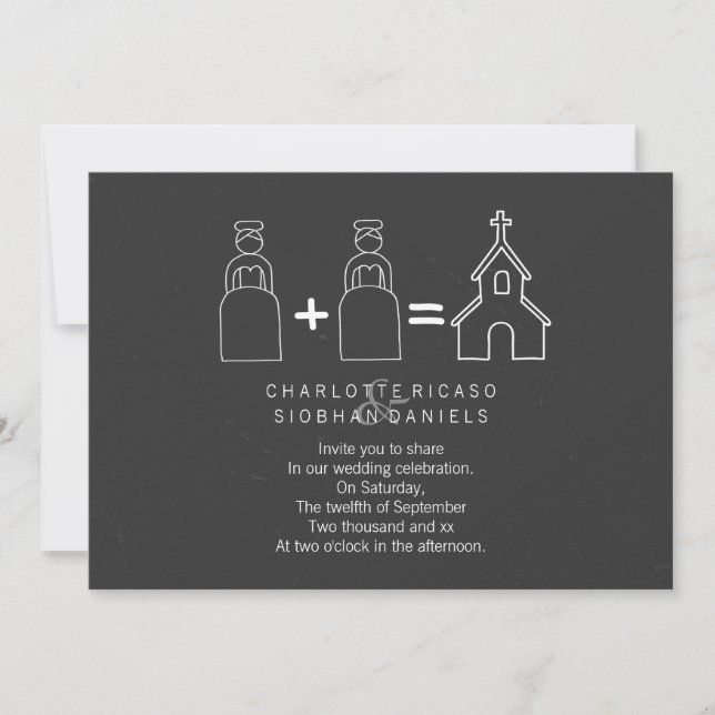 Frau und Frau Doodle Church Chalkboard Gay Wedding Einladung (Vorderseite)