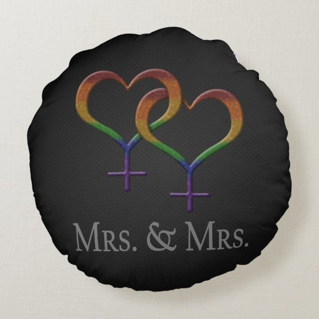 Frau und Frau Lesbian Pride Rainbow Symbols Rundes Kissen (Rückseite)