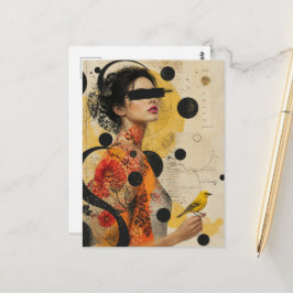 Frau und gelber Vogel Collage Postkarte