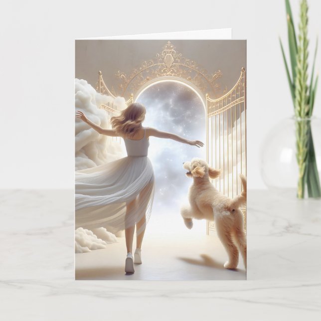 Frau und Goldendoodle am Himmelstor Karte (Vorderseite)
