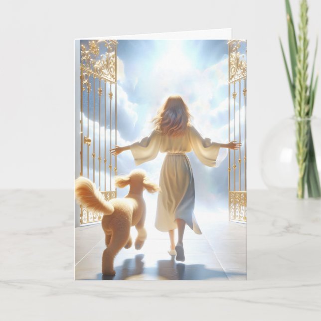 Frau und Goldendoodle am Himmelstor Karte (Vorderseite)