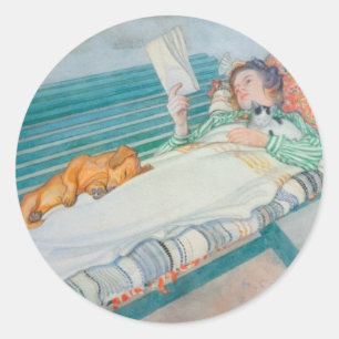 Frau und Hund auf einer Bank Runder Aufkleber