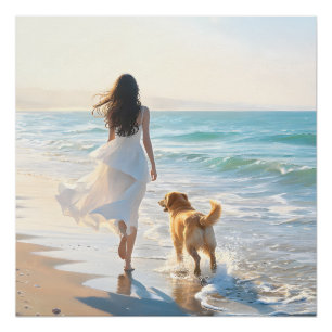 Frau und Hund beim Spaziergang am Strand bei Sonne Poster