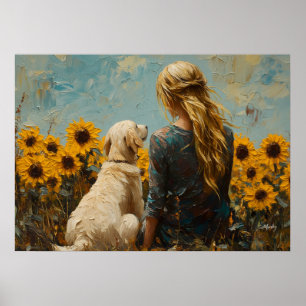 Frau und Hund mit Sonnenblumen - Ölgemälde Poster