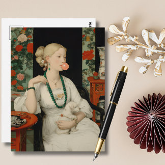 Frau und Hund Rosa Kaugummiblase Bunt Postkarte