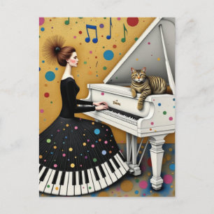 Frau und Katze am Klavier Surreal Postkarte