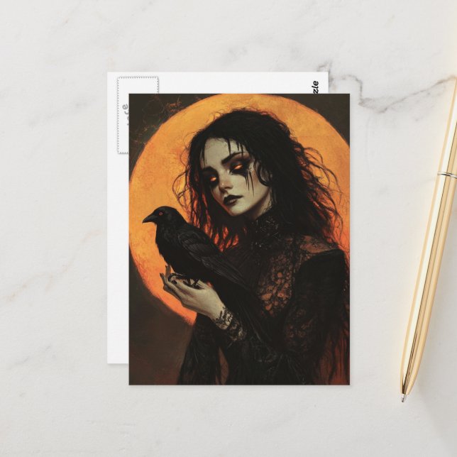 Frau und Krähe Horror Postkarte (Vorderseite/Rückseite Beispiel)