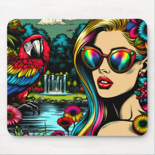Frau und Papagei im Park Pop Art  Mousepad