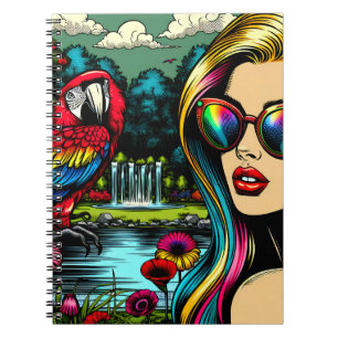 Frau und Papagei im Park Pop Art Notizblock