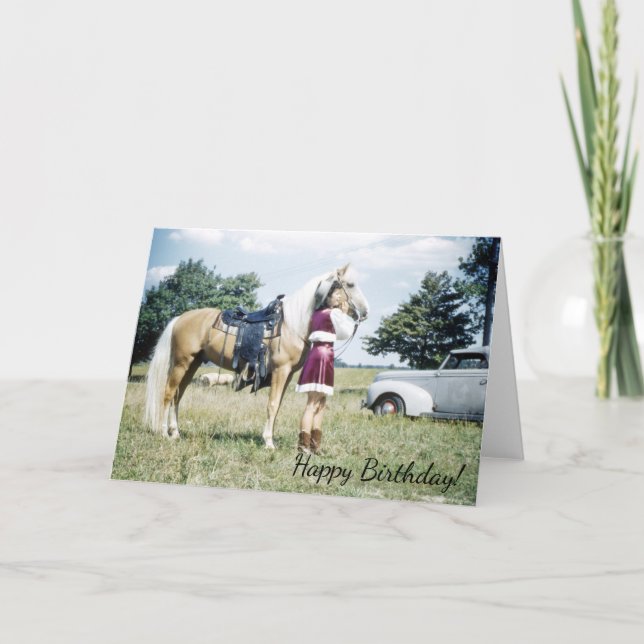 Frau und Pferd, Retro 50 Pony Birthday Wish Karte (Vorderseite)