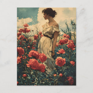 Frau und Pfingstrosen Vintage Postkarte