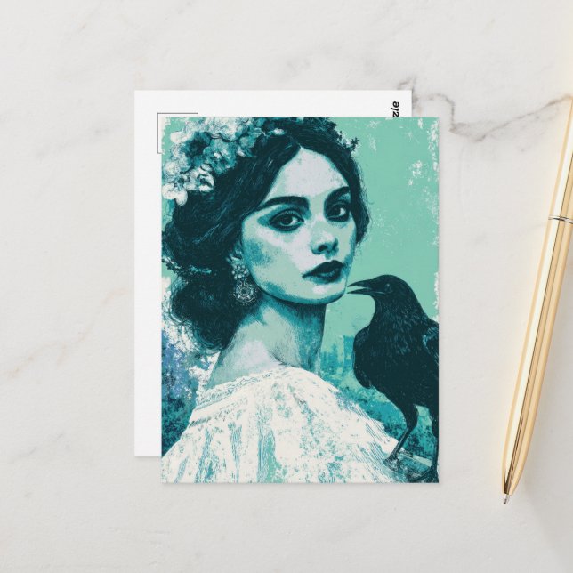 Frau und Rabe Postkarte (Vorderseite/Rückseite Beispiel)
