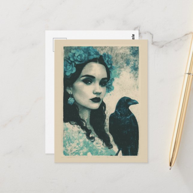 Frau und Rabe Postkarte (Vorderseite/Rückseite Beispiel)