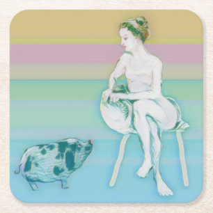 Frau und Schwein Rechteckiger Pappuntersetzer