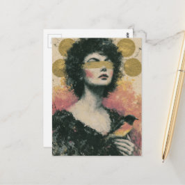 Frau und Vogel Mixed Media Collage Postkarte