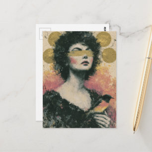 Frau und Vogel Mixed Media Collage Postkarte