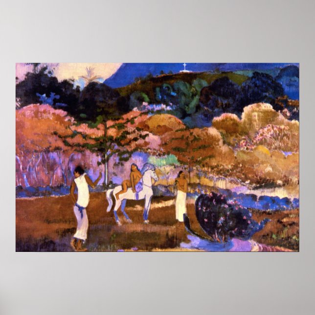 Frau und Weiße Pferde von Gauguin Poster (Vorne)