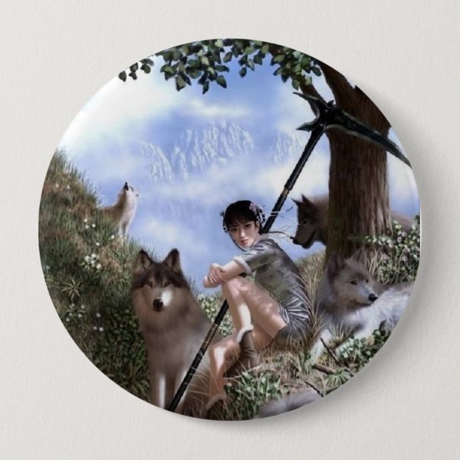 Frau und Wolf-Knopf Button (Vorderseite)