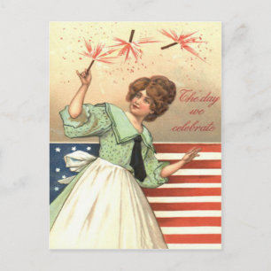 Frau US-Flagge Feuerwerk Knallkörper Postkarte