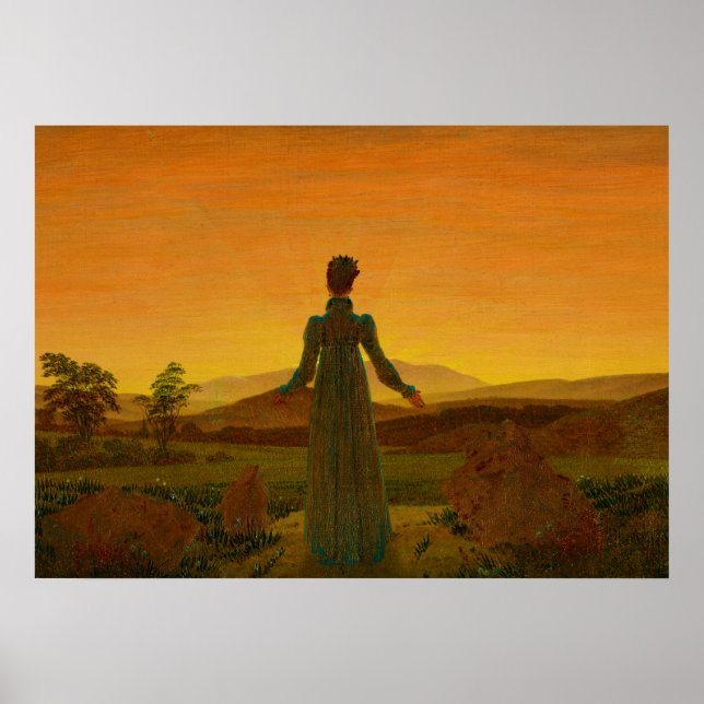 Frau vor aufsteigender Sonne, Morgenlicht Poster (Vorne)