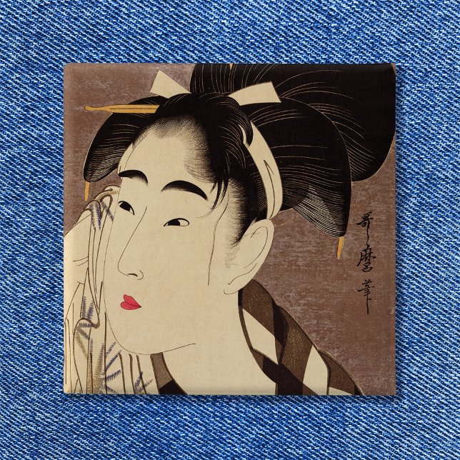 Frau wischt Schweiß Vintage-Kunst Button (Woman Wiping Sweat Pinback Button)