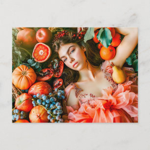 Frau, zwischen Früchten und Blütenblättern liegend Postkarte
