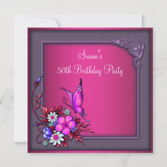 Frauen 50. Geburtstag Rosa Lila Schmetterling Einladung (Vorderseite)