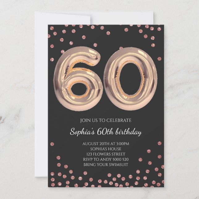 Frauen 60. Geburtstag 60 Rose Gold Einladung (Vorderseite)