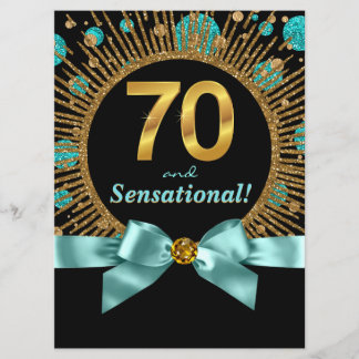 Frauen 70. Geburtstagsparty Aquamarin Blue Gold Einladung