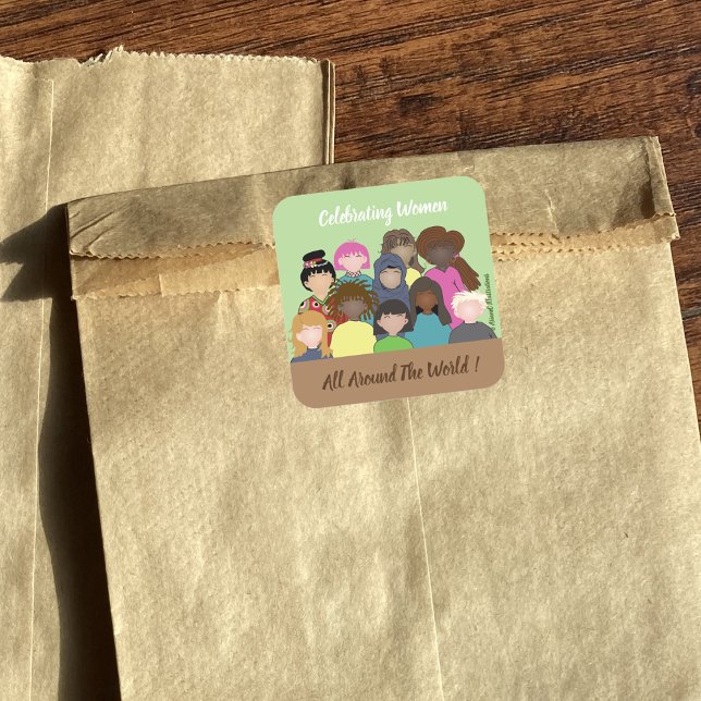 Frauen auf der ganzen Welt feiern Quadratischer Aufkleber (Celebrating women all around the world green and brown square sticker . )