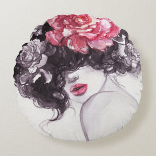Frauen Blume, Aquarellbilder in Mode. Rundes Kissen