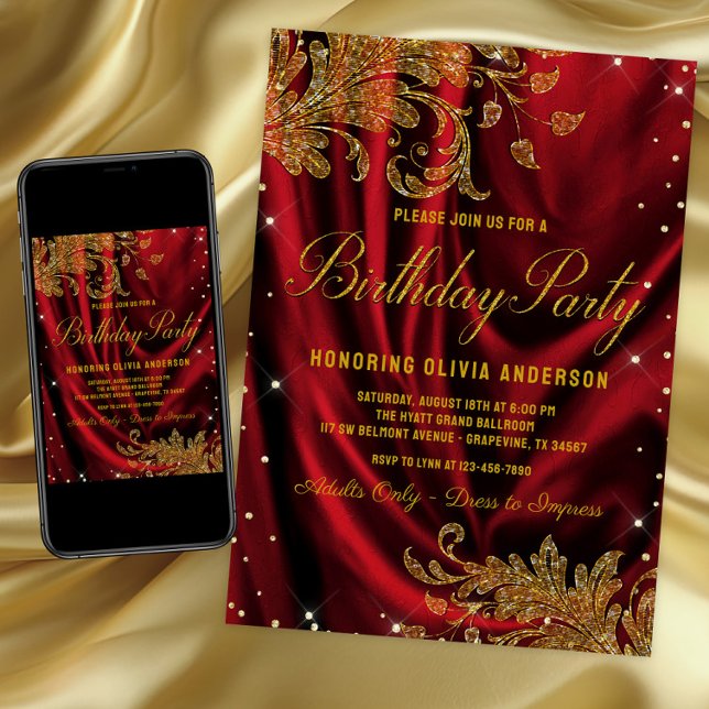 Frauen Burgund Gold Geburtstagsparty Einladung (Womans elegant red and gold birthday party invitation with gold swirls on a red satin background.)