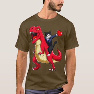 Frauen Dabbing Tuxedo Cat Riding Dinosaur Valentin T-Shirt