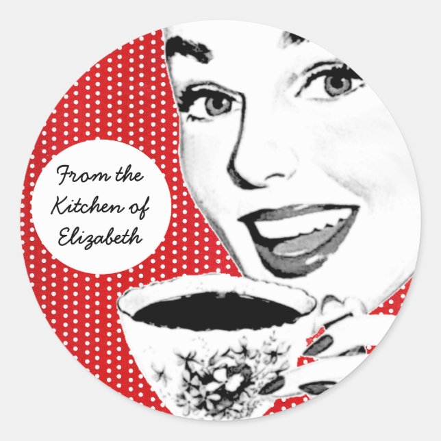 Frauen der 50er Jahre mit Teacup Kitchen Label Runder Aufkleber (Vorderseite)