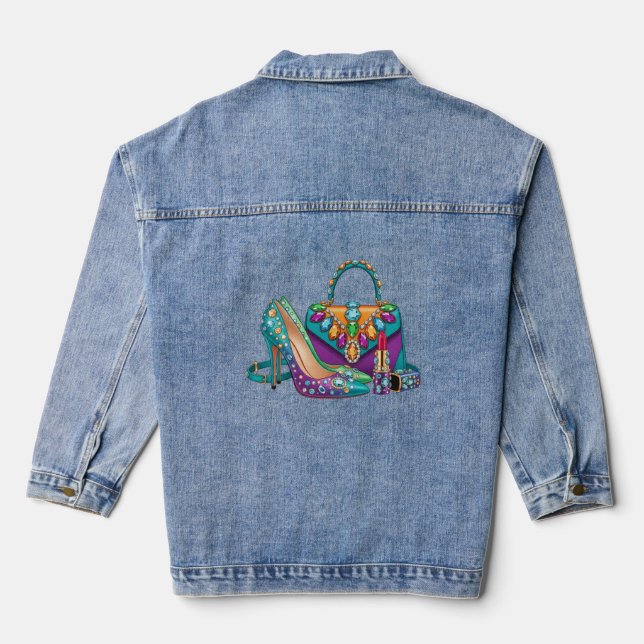 Frauen Diamantkristall-Heels und Chic Bag Jeansjacke (Rückseite)